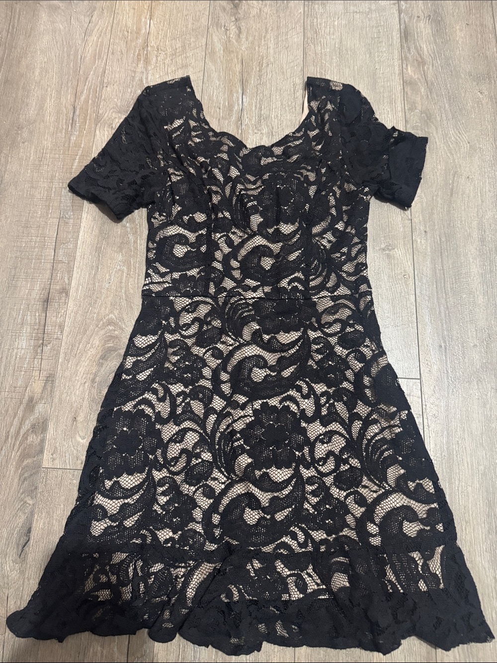 Lush Black Lace Mini Dress with Nude Lining